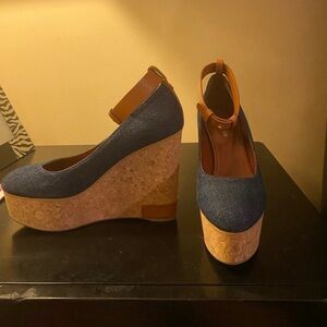 Sergio Rossi Blue Denim Wedges with Cork Platform